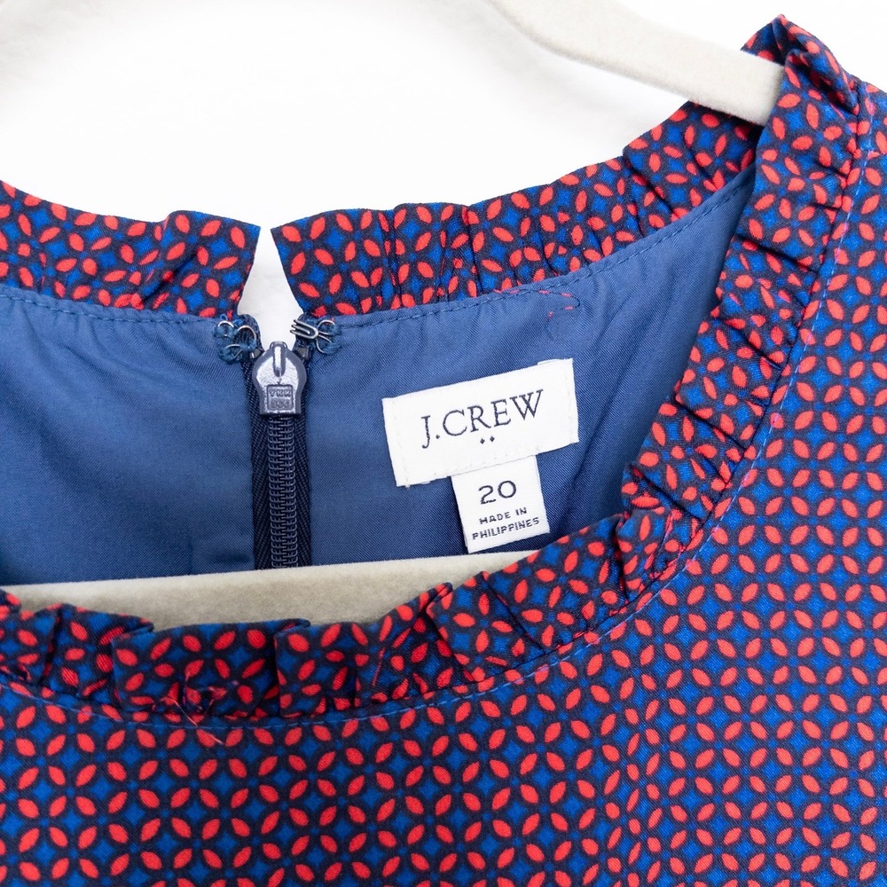 J.Crew Women Dress 20 Blue Red Geometric Ruffle Sleeveless Shift J5626 - Picture 4 of 9